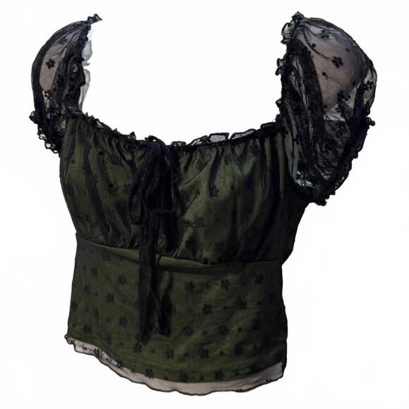 Lace Mesh Floral Puff Sleeve Women's Crop Top Blouse - Picture 2 of 5